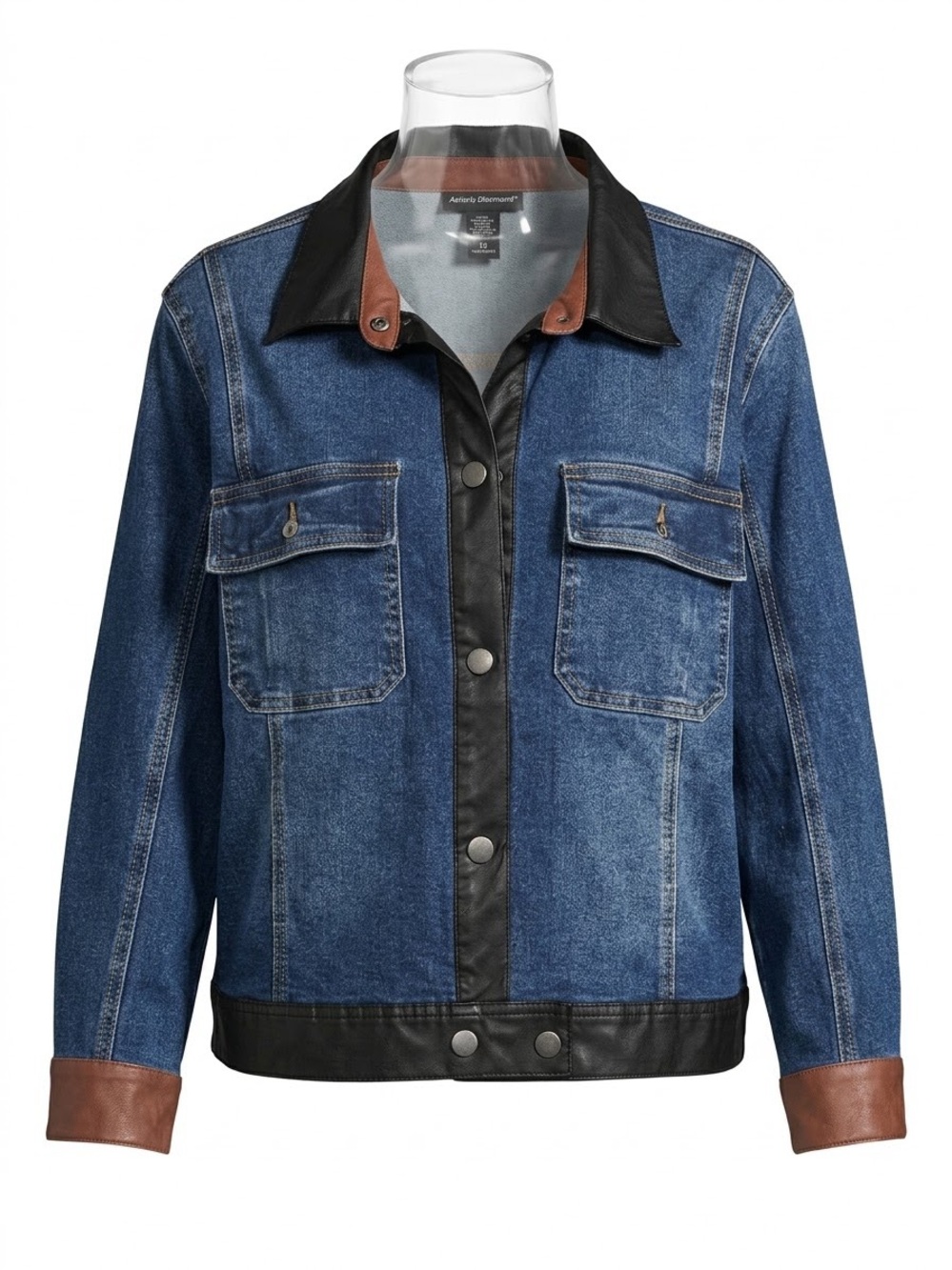 Ashley Stewart Blue Denim Bomber Jacket with Black & Brown Trim